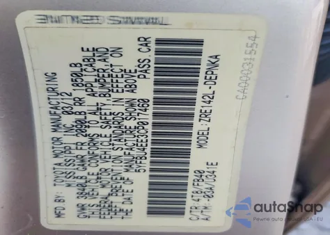 2012 Toyota Corolla Base z USA, uszkodzony, nr VIN 5YFBU4EE3CP017460